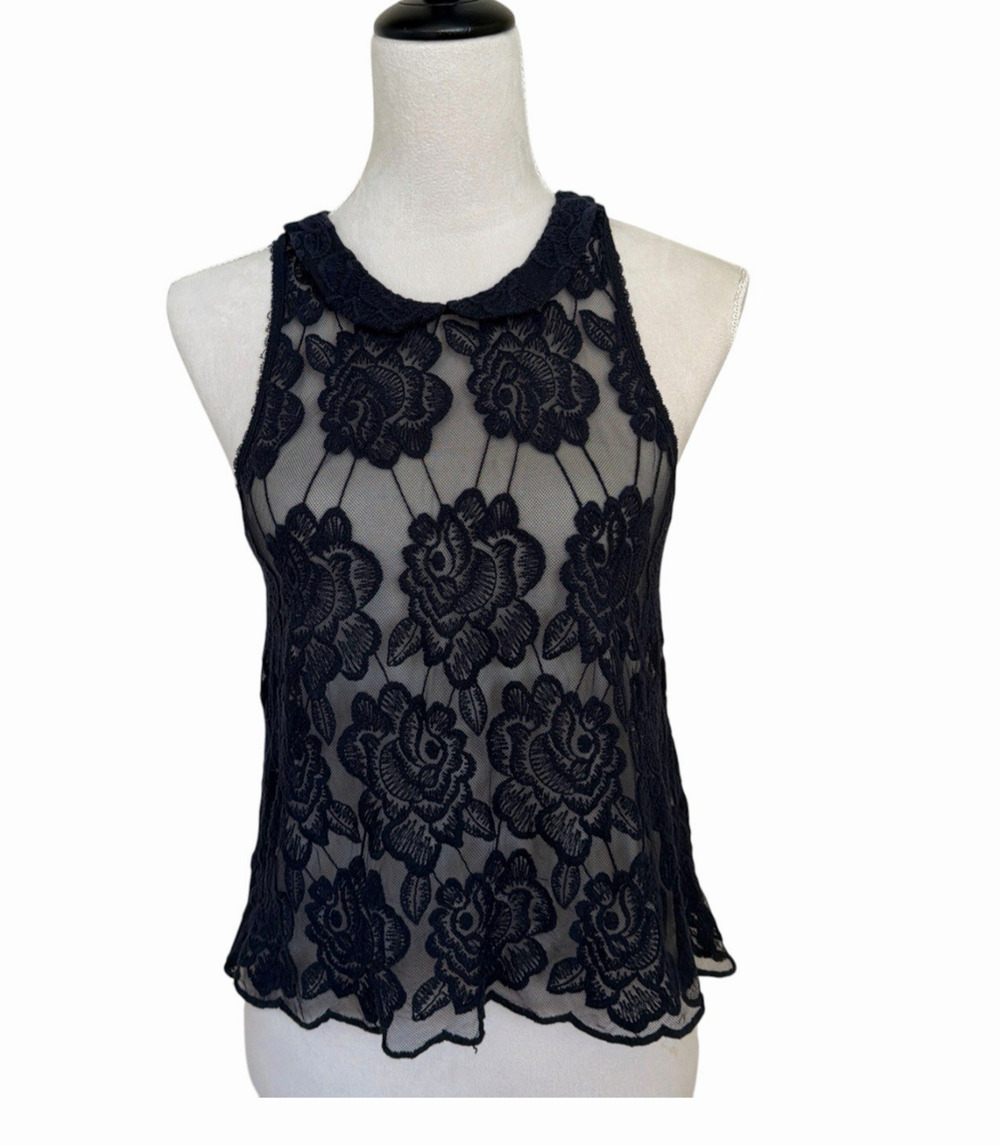 Abercrombie & Fitch Blue Floral Lace Sleeveless Top Peter Pan Collar Sheer Med